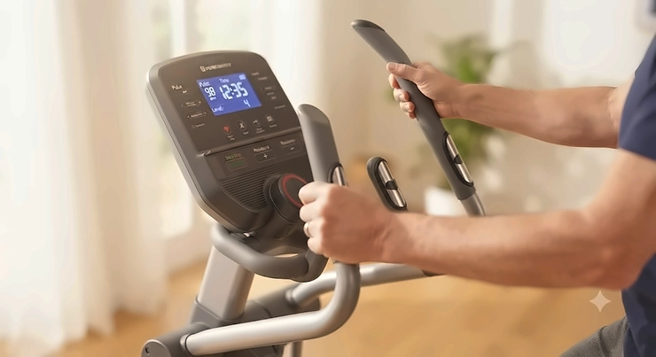 Close up of elliptical handlebars providing stability and heart rate monitoring for seniors. best elliptical for seniors