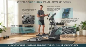 Infographic showing key features to look for when choosing the best elliptical for a tall person.