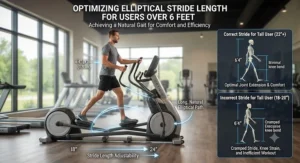 A diagram highlighting the importance of long stride length on an elliptical for people over 6 feet.