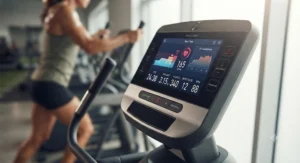 Close-up of an advanced elliptical monitor displaying workout metrics and heart rate data
