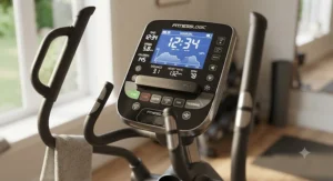 Close-up of a digital console on a low-impact elliptical machine showing workout metrics like time, speed, and calories.