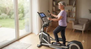 An elderly person comfortably working out on a home elliptical machine with ergonomic cushioning.