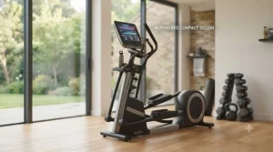 A photorealistic render of a space-saving AI-powered resistance elliptical positioned in a modern, small home gym setting.