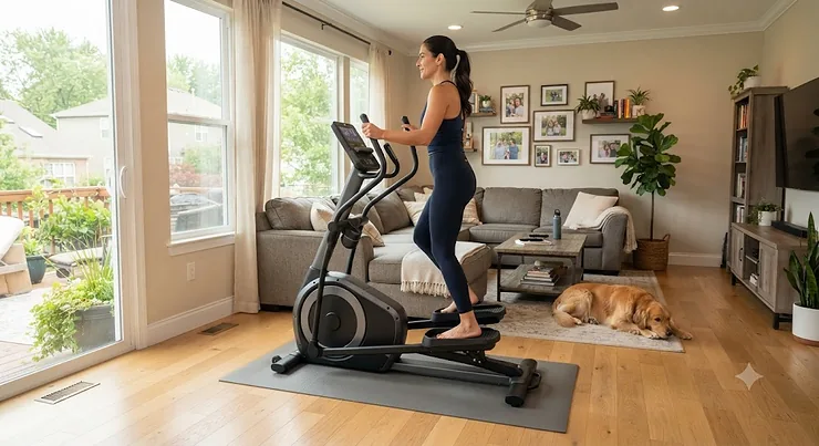 Compact elliptical machine set up in a bright living room for home family use