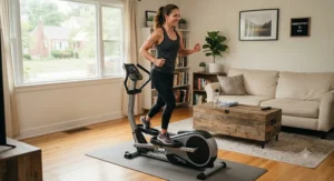 A compact elliptical machine positioned in a living room, ideal for weight loss routines in smaller American homes.