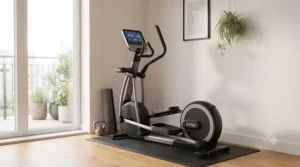A compact silent smart elliptical machine positioned in a small apartment corner.