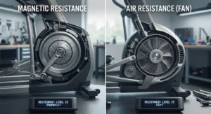 Side-by-side comparison of magnetic and air resistance flywheels inside modern athletic ellipticals