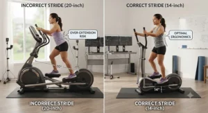 Visual comparison showing how shorter stride lengths on an elliptical benefit a short person.
