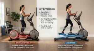 Diagram comparing the movement range of a standard elliptical versus a long stride length elliptical trainer.
