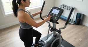 User adjusting the digital console settings on a beginner-friendly elliptical designed for shorter individuals.