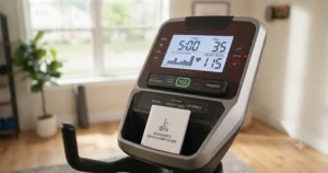 Close-up of an elliptical console showing beginner-friendly settings and programs.