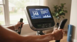 Focus shot of an elliptical console showing calorie counter and weight loss program settings.