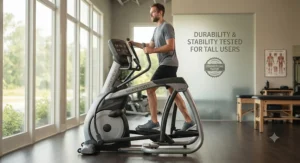 A sturdy, high-weight-capacity elliptical trainer being used by a tall individual to show stability.