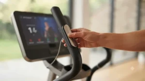 An illustration of biometric sensors on elliptical handles syncing user performance metrics to an AI fitness trainer.