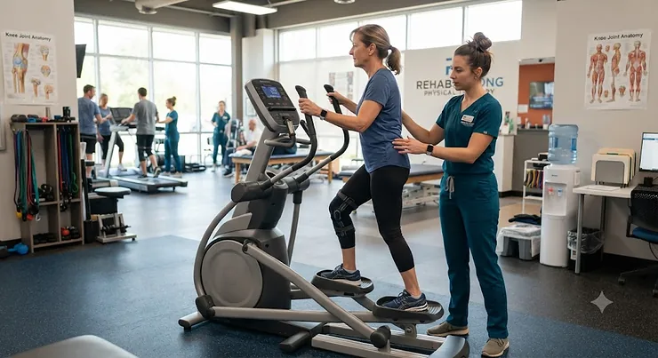 A physical therapist guiding a patient on an elliptical machine for physical therapy in a modern American rehabilitation clinic.