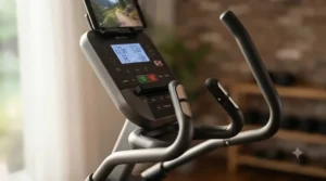 Ergonomic handlebars on a high-capacity quiet elliptical machine.