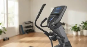 Ergonomic multi-grip handlebars on an elliptical adjusted for the reach and height of a tall person.