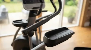 Close-up of the ergonomic handlebars and pedals on a silent smart elliptical machine.