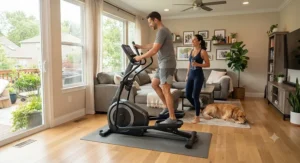 Family members taking turns on an easy-to-use elliptical machine designed for home fitness