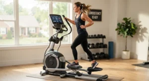 A user performing a full-body elliptical workout on a machine optimized for long-term weight loss results.