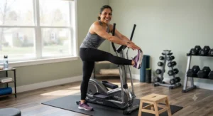 A smiling fitness enthusiast stretching next to a space-saving elliptical machine.