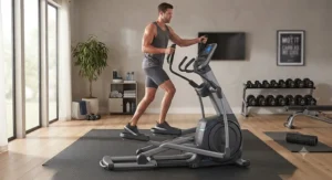 A tall person training on a heavy-duty elliptical designed for stability and natural movement.