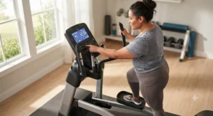 A plus-size individual easily adjusting digital resistance settings on the console of a high-capacity elliptical.