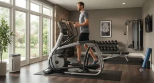 A spacious home gym featuring a robust elliptical machine suitable for an athlete over 6 feet tall.