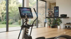 A connectivity diagram showing an AI-powered elliptical syncing workout data to wearable devices and mobile health apps.