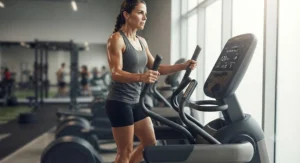 Athlete performing low-impact cardiovascular recovery conditioning on an elliptical trainer