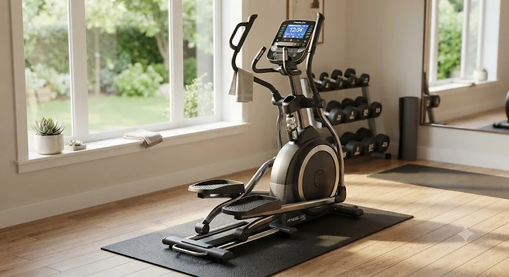 A modern low-impact elliptical machine set up in a bright home gym for joint-friendly cardio workouts.