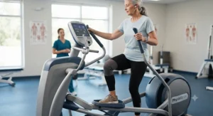 Close-up of a senior adult performing low-impact elliptical training on a commercial elliptical machine for physical therapy and knee rehabilitation.