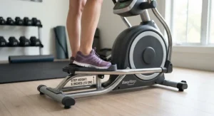 Close-up of a low-step-height elliptical machine designed for easy access by shorter users.