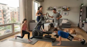 Parents and teenagers exercising together on a durable elliptical for home family use