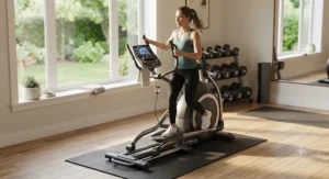 Fitness enthusiast using a low-impact elliptical machine for a smooth, full-body aerobic workout.