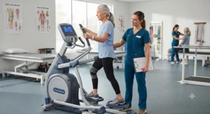 Physical therapist monitoring form as a patient exercises on an elliptical machine for physical therapy outpatient care.