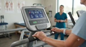 Digital console of an elliptical machine for physical therapy displaying heart rate and workout metrics during a rehabilitation session.