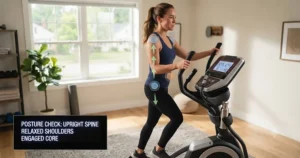 Proper posture guide for using an elliptical to prevent strain as a beginner.