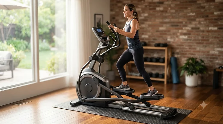 Person using a quiet 400 lb capacity elliptical in a home gym setting.