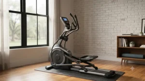 Compact, quiet elliptical trainer placed in a modern apartment corner.