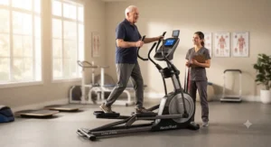 A senior adult using a long stride length elliptical for low-impact joint-friendly physical therapy.
