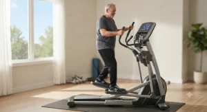 An older heavy person performing a low-impact cardio workout on an ergonomic elliptical trainer to protect joints.