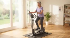 Senior focusing on balance and mobility while using a stable, compact elliptical trainer.