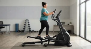 Side-profile view of a plus-size woman smoothly gliding on a commercial-grade elliptical trainer during a daily cardio session.