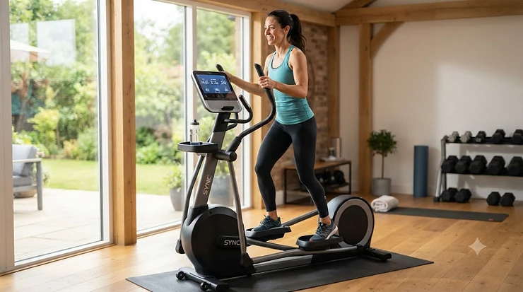 A person using a silent smart elliptical machine in a modern home gym setting.