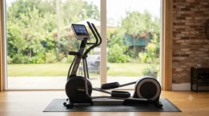 Side view of a silent smart elliptical machine with a sleek, minimalist design.
