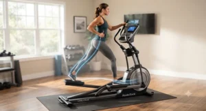Visual representation of the smooth, fluid motion provided by a long stride length elliptical during use.