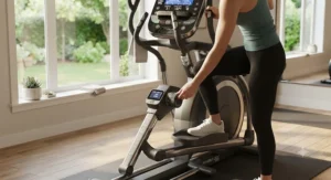 Demonstration of stride length settings on a versatile low-impact elliptical machine.