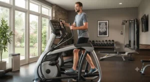A person over 6 feet tall maintaining proper upright posture while using a home elliptical machine.