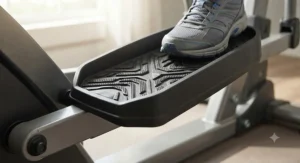Close-up of wide, textured, non-slip pedals on an elliptical for heavy people, ensuring stability and secure footing.